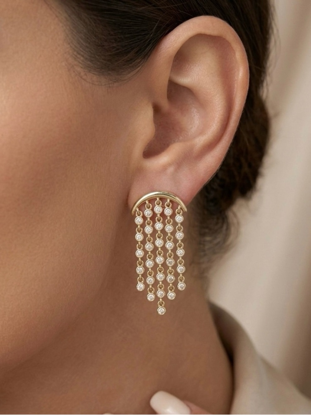 NWT 14K Gold Plated CZ Dangle Waterfall Fringe Earrings | Boho Chic Tassel Drop